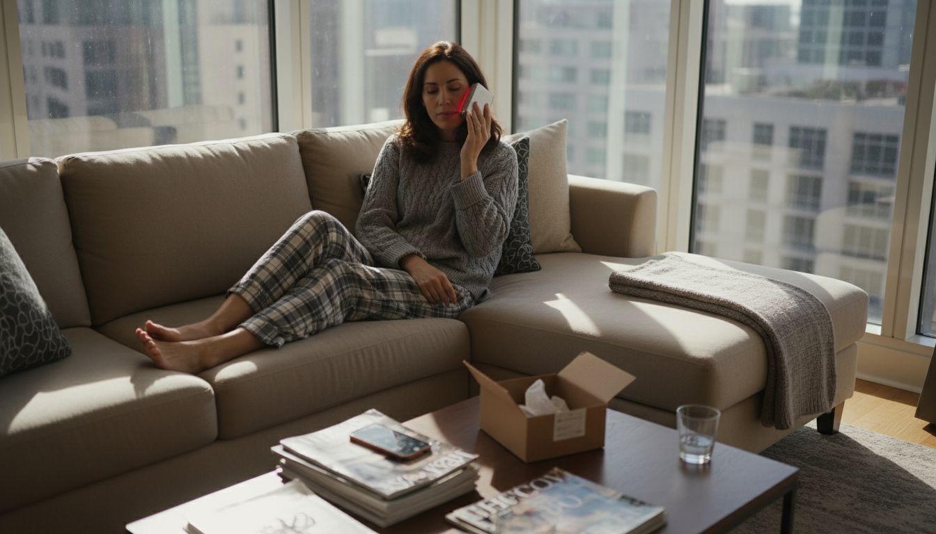 Woman using facial beauty device at home