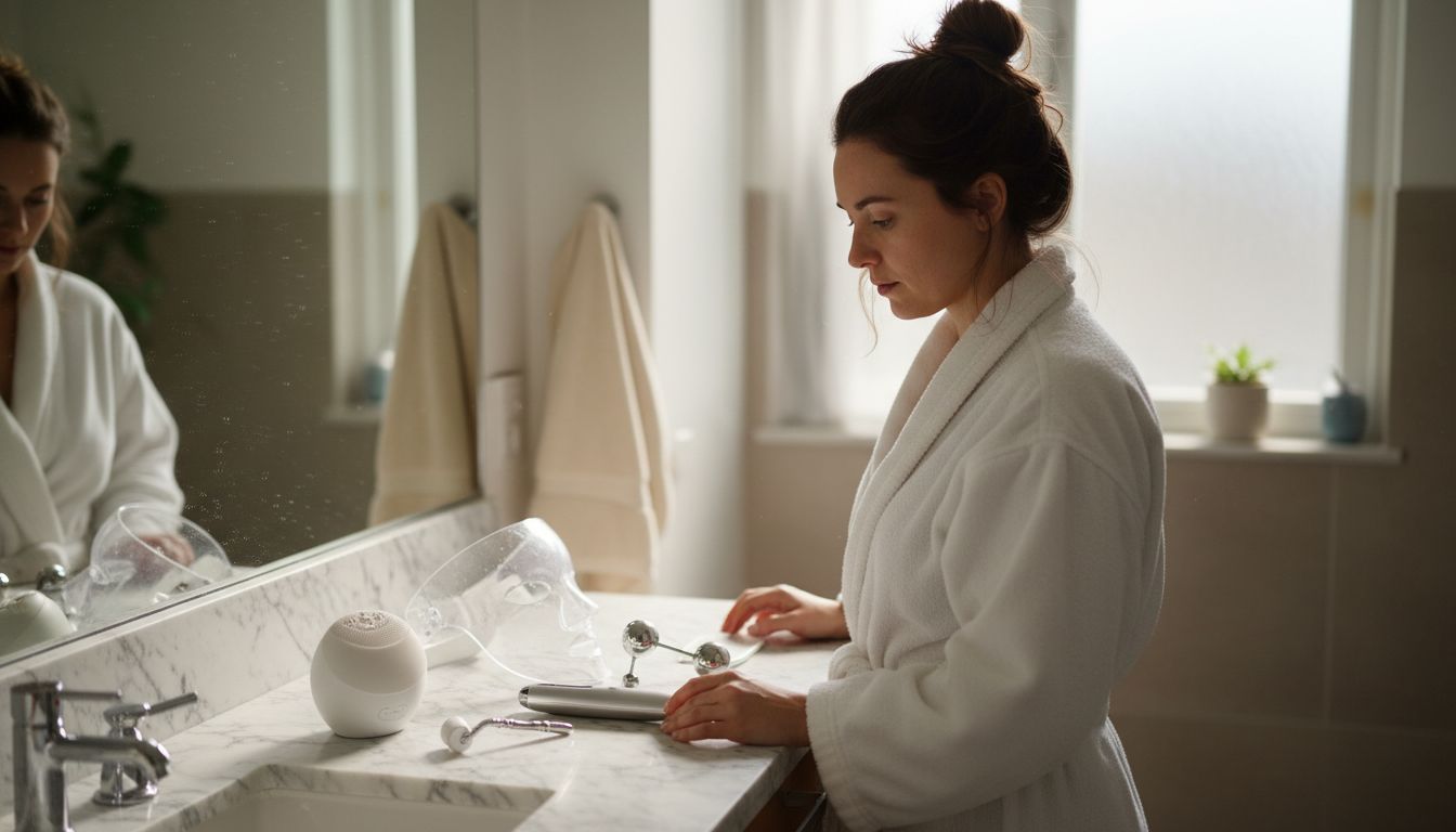 Woman with skincare devices on bathroom counter