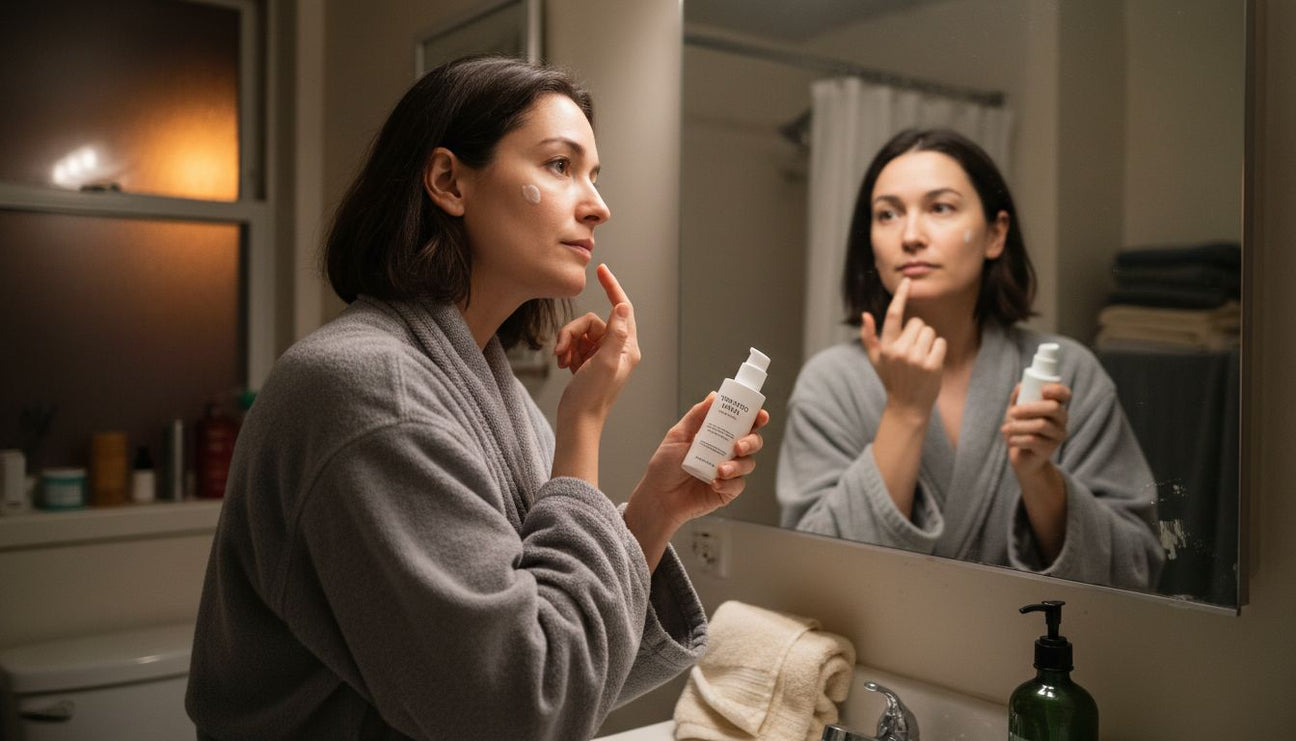 Woman applying retinol cream at home sink