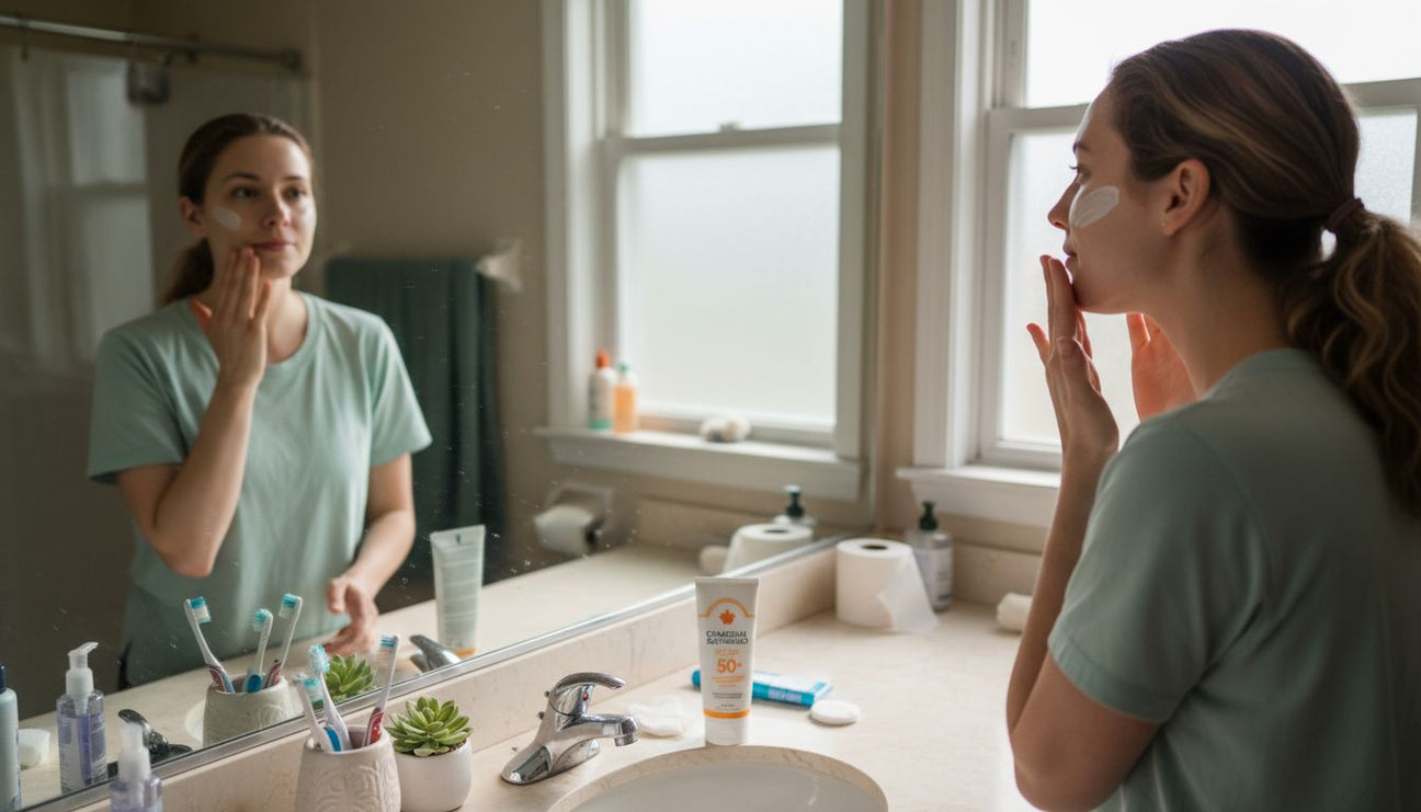 Woman applying mineral sunscreen at bathroom mirror