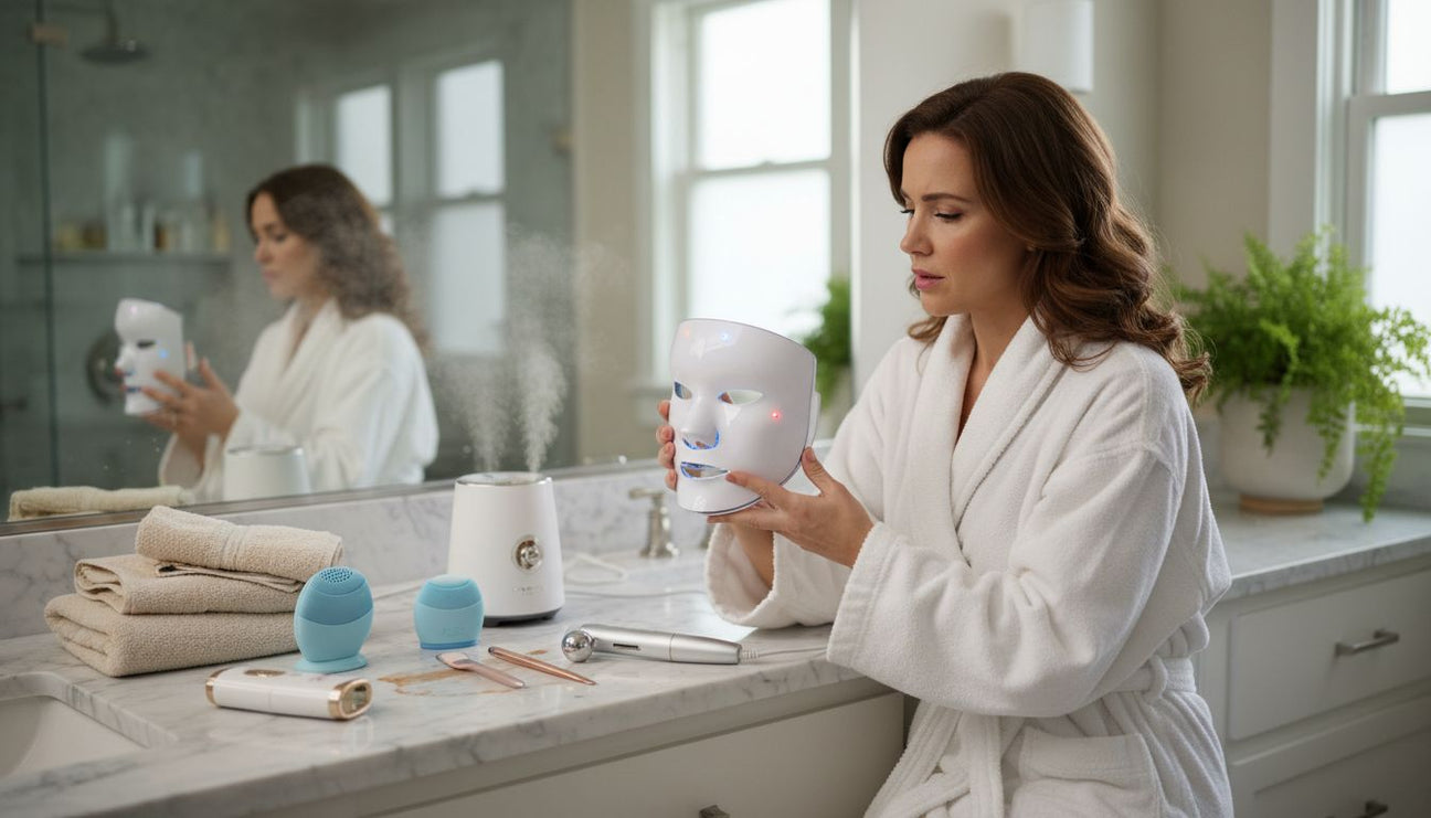 Woman examining LED mask with beauty devices on counter