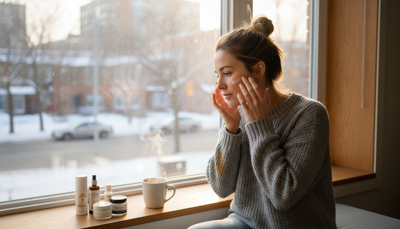 Woman moisturizing face in snowy Canadian apartment