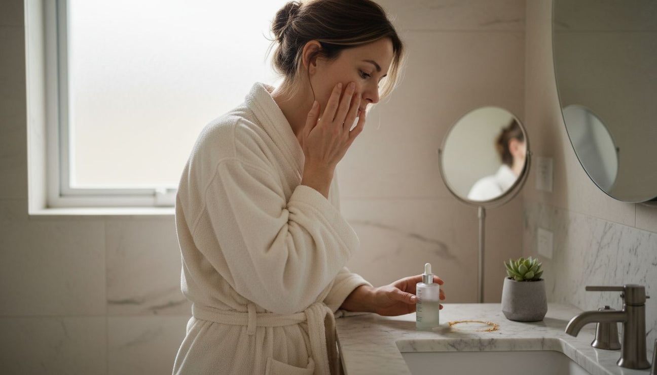 Woman applying facial serum at bathroom counter