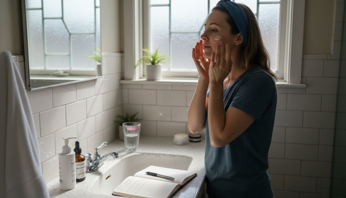 Woman applying skincare in sunlit bathroom