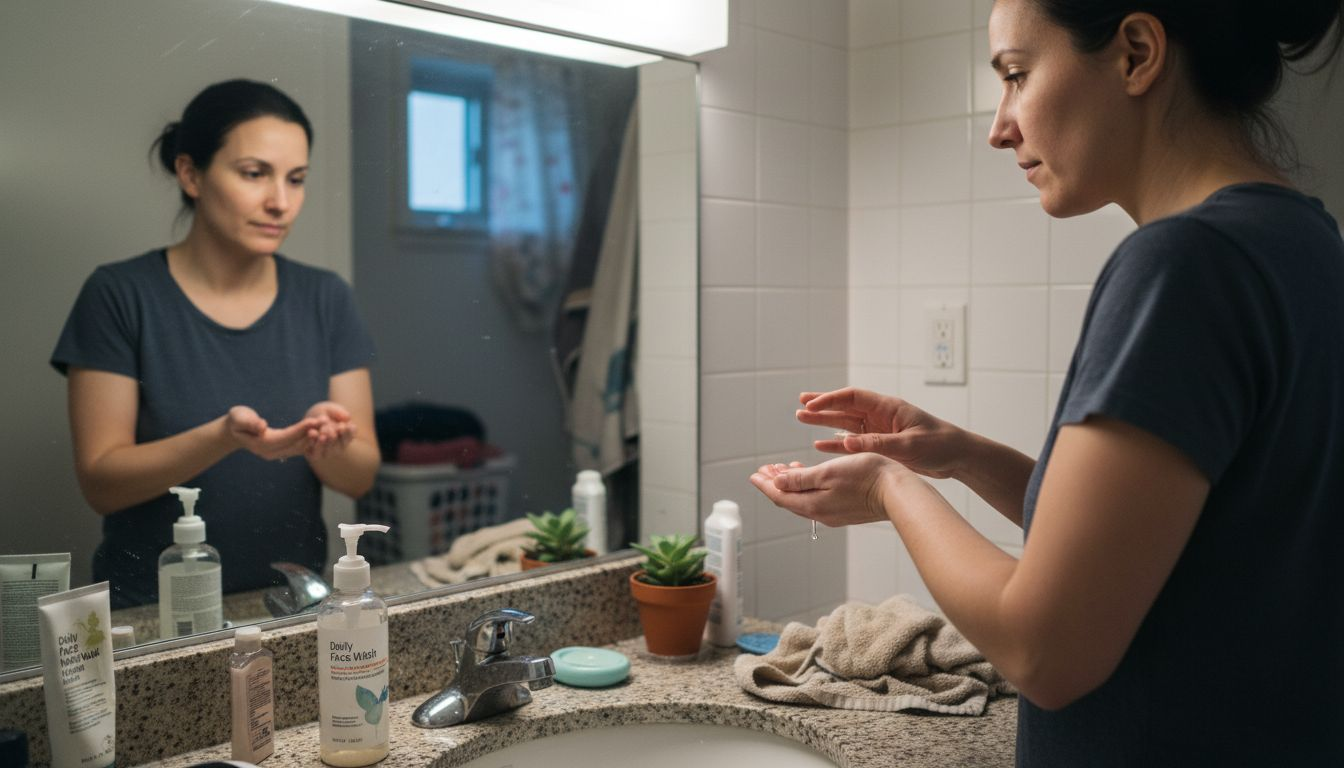 Woman starting nighttime skincare at sink