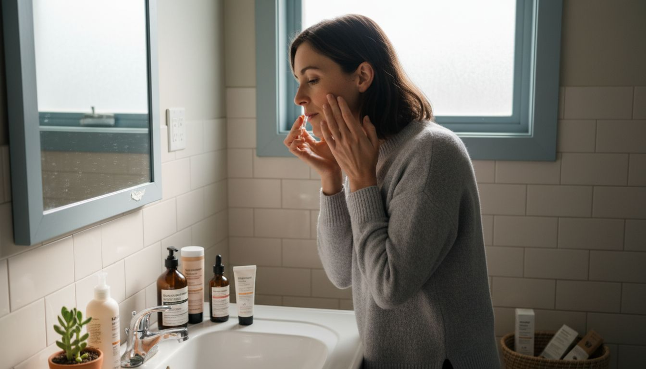 Woman applying antioxidant serum at vanity