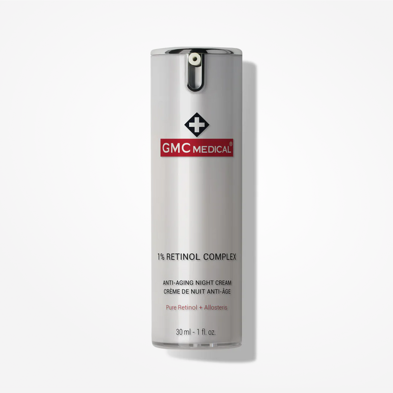 GMC Medical 1% Retinol Complex Night Cream (30ml) anti-aging skincare product with pure retinol and allosteris in sleek silver pump bottle.