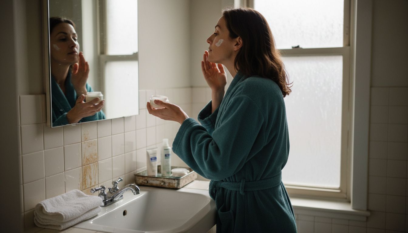 Femme qui applique de la crème hydratante dans la salle de bain