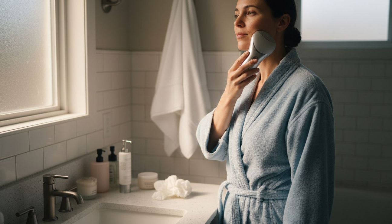 Femme utilisant un appareil facial dans la salle de bain de la maison