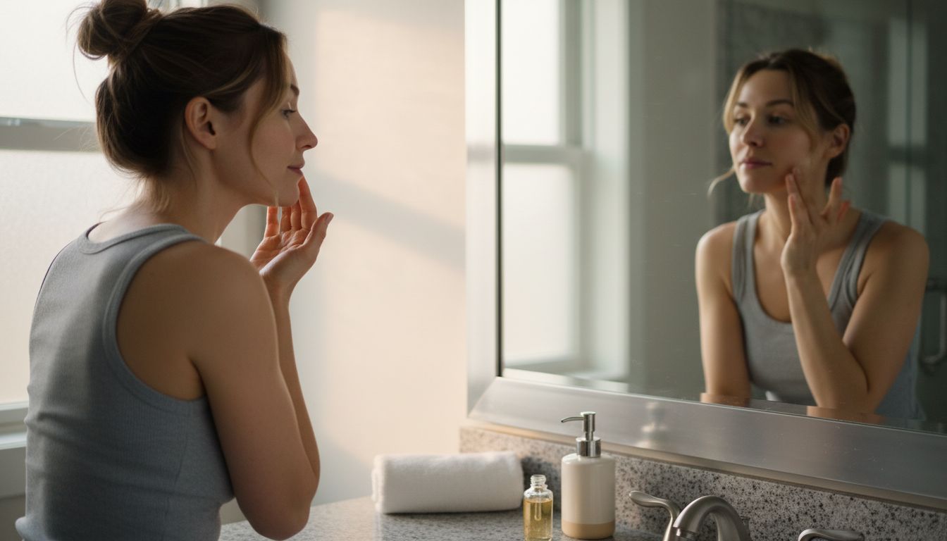 Femme qui applique un sérum facial dans la salle de bain