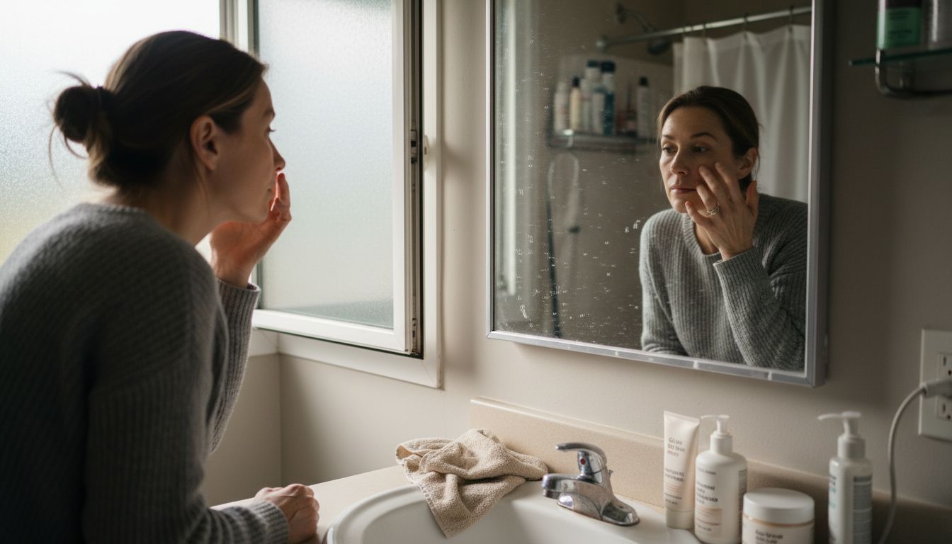 Une femme examine la peau dans un miroir de salle de bain