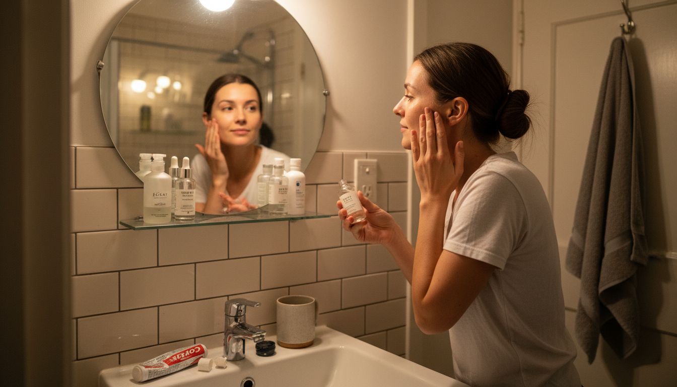 Femme appliquant des soins de la peau dans la salle de bain de l’appartement