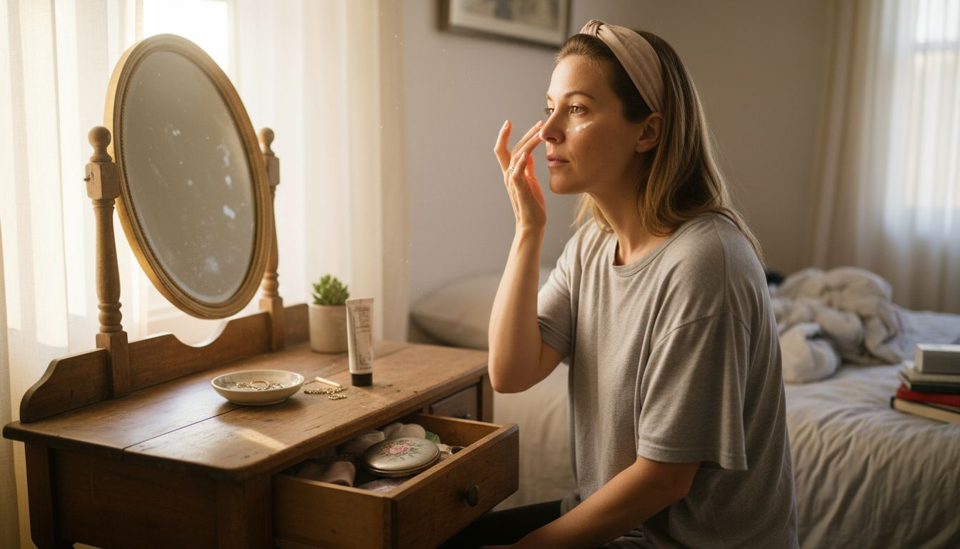 Femme qui applique une crème pour les yeux à la table de coiffeuse