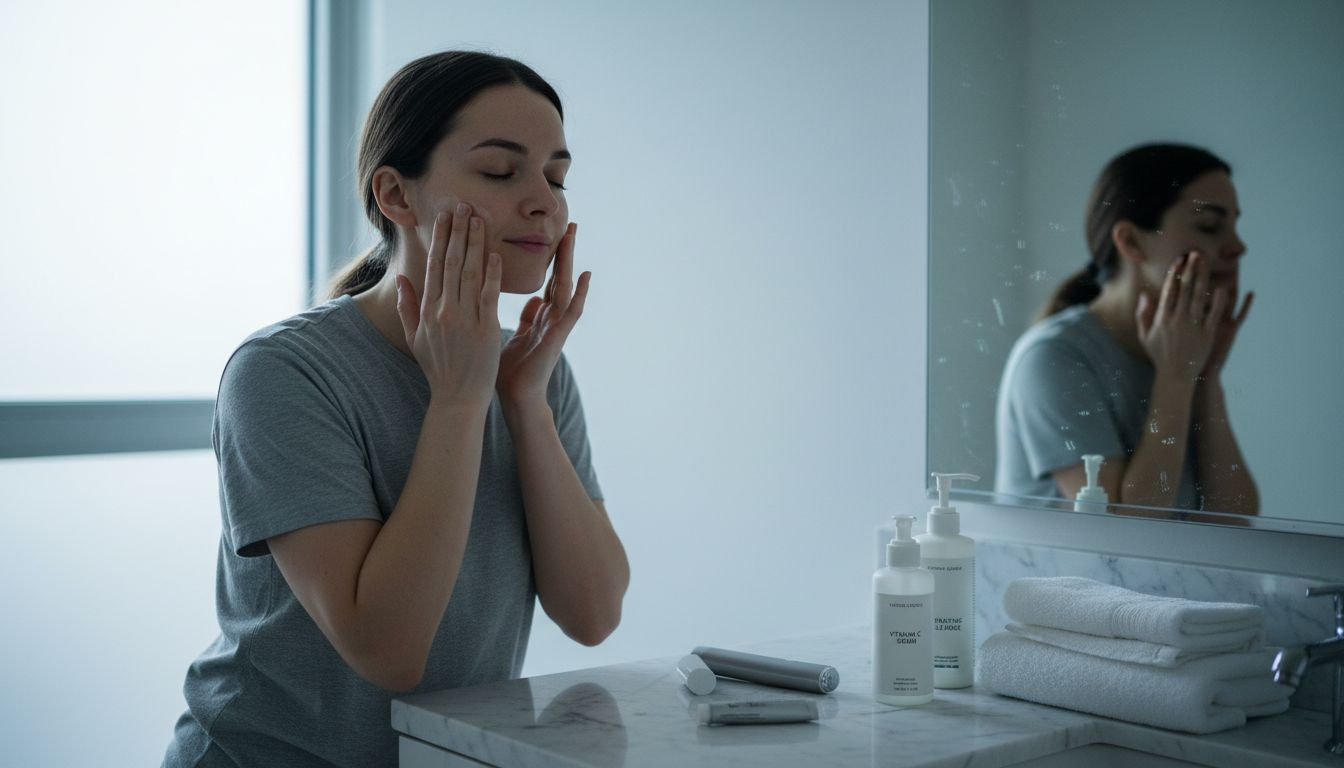 Femme qui applique des soins de la peau dans une salle de bain de Toronto