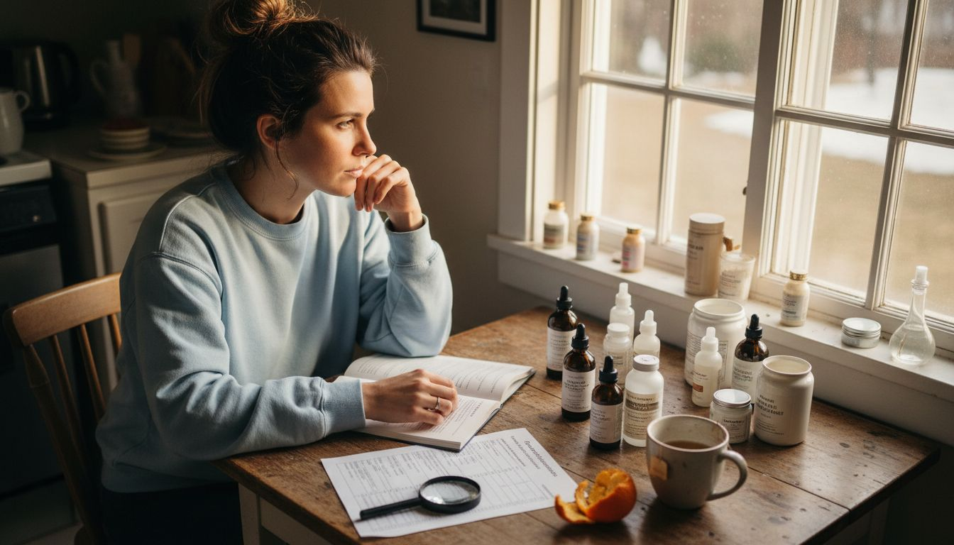 Une femme examine des produits de soins de la peau à la table de la cuisine