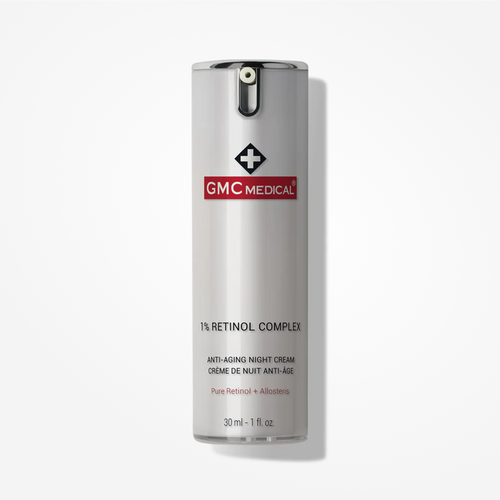 Crème de nuit Complexe de rétinol 1 % de GMC Médical (30 ml), un produit de soin anti-âge contenant du rétinol pur et de l'allostéris, présenté dans un élégant flacon argenté à pompe.